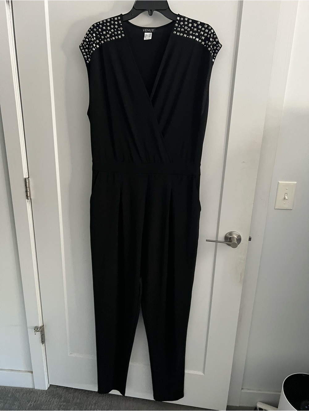 VENUS Black Stud-Shoulder Surplice Jumpsuit